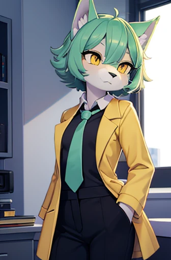 beautiful wolf girl, small breast, vibrant colours, apartment interior, mint green short fluffy hair, glowing yellow eyes, golden scientist jacket and necktie, black suit shirt and dress pants