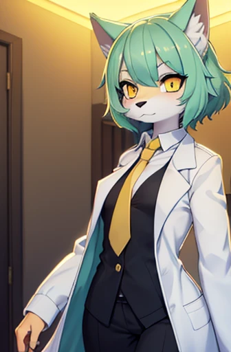 beautiful wolf girl, small breast, vibrant colours, apartment interior, mint green short fluffy hair, glowing yellow eyes, golden scientist jacket and necktie, black suit shirt and dress pants