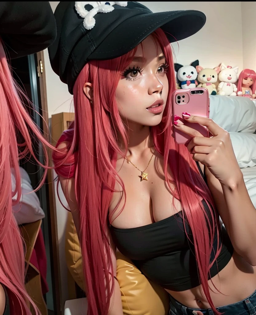 there is a woman with red hair wearing a t, red wig, long bubblegum hair, long pink hair, with long red hair, pink straight hair, anime girl in real life, with pink hair, huge pink hair, long flowing pink hair, red long hair, anime vibes, black top, perfect skin, fuller round lips, perfect eyebrows, perfect nose, breast, cleavage, she in her room, plushies in the background, she is posing for a selfie, perfect tone skin, tone body, 8K, Top Quality, Intricate Details, Ultra Detail, Ultra High Resolution, masterpiece, cinematic, realism, not staring at the camera, darker skin, tan skin, medium dark skin tone, American girl