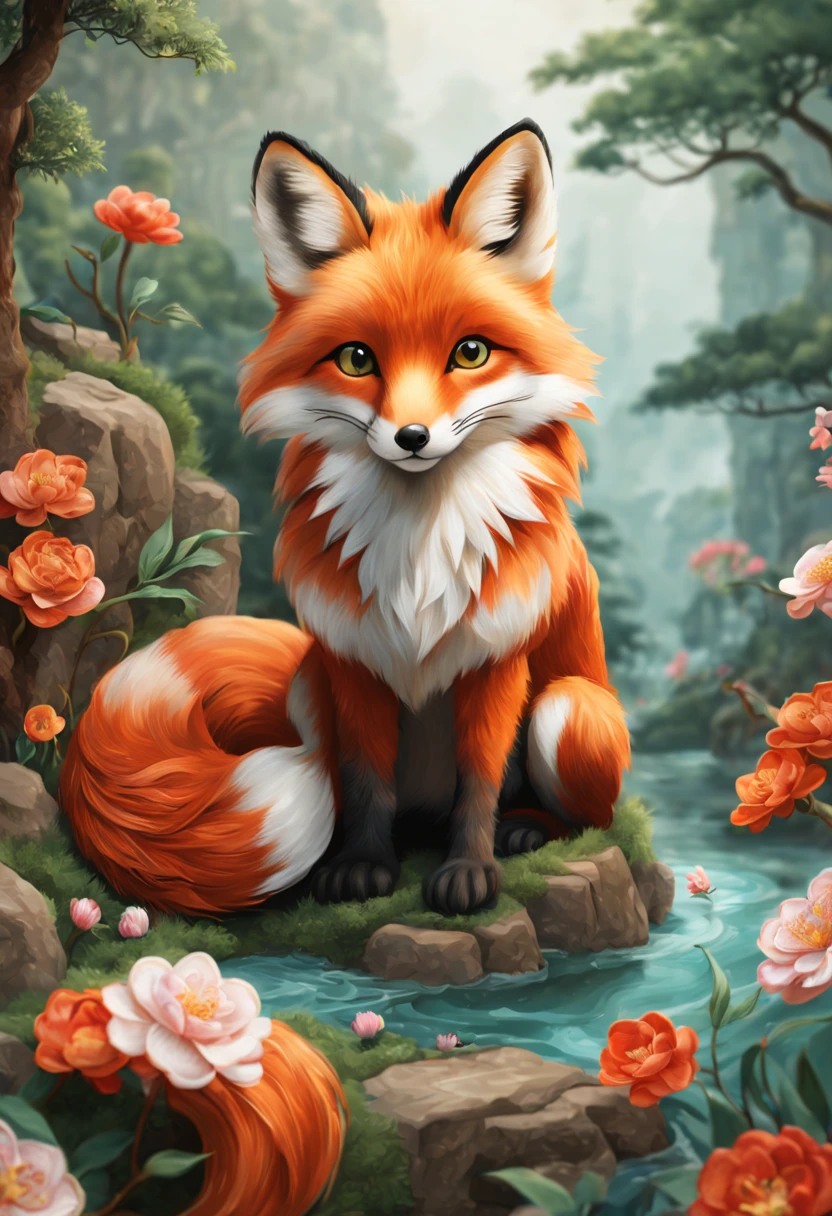 embroidery art, embroidery texture, cute fox, chinese, fantasy art, whimsical, Needlepoint page, embroidery_on_photo, intricate, (best quality, masterpiece, Representative work, official art, Professional, unity 8k wallpaper:1.3)