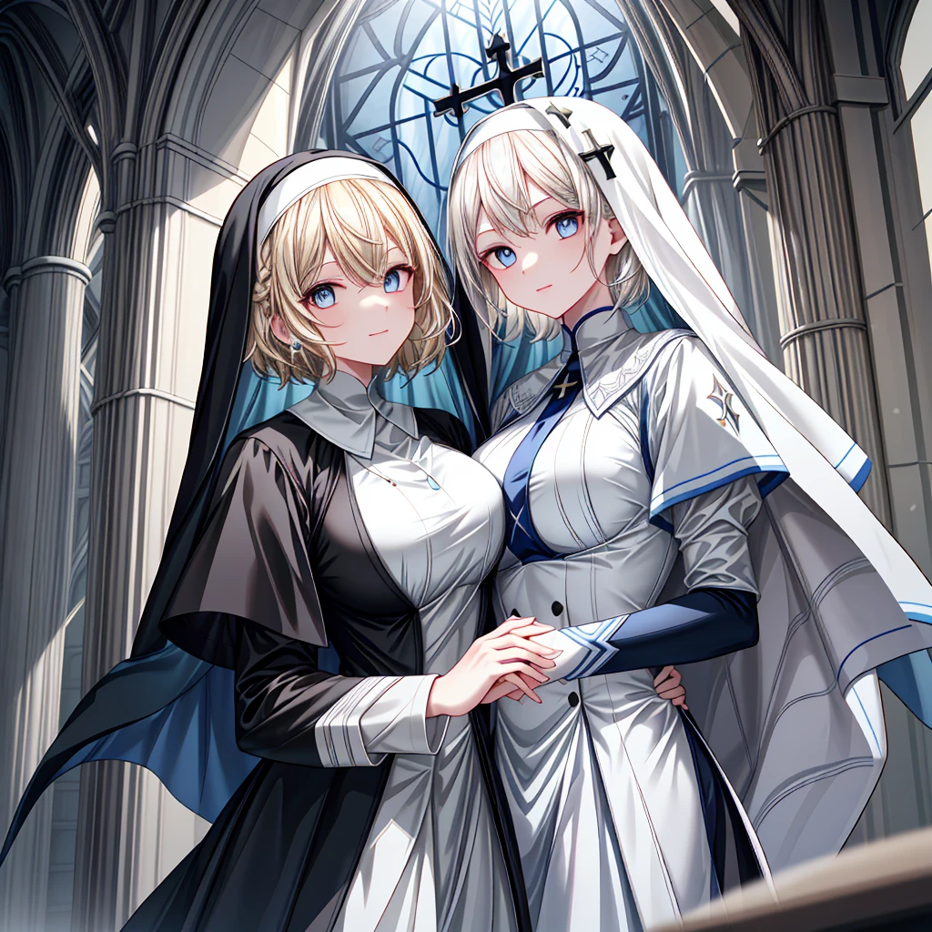 church statue，one-girl，long white-blond hair，Blue pupil，Nun dress，slit sisters dress，ssmile，Beautiful skin with half-open eyes，Glowing skin，Bigchest，Moody light，and the sun was shining brightly，8K，hyper-detailing，tmasterpiece
