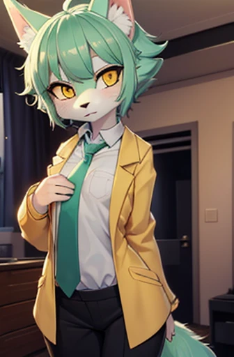 beautiful wolf girl, (small breast), apartment interior, mint green short fluffy hair, glowing yellow eyes, (golden scientist jacket and necktie), (black suit shirt) and dress pants