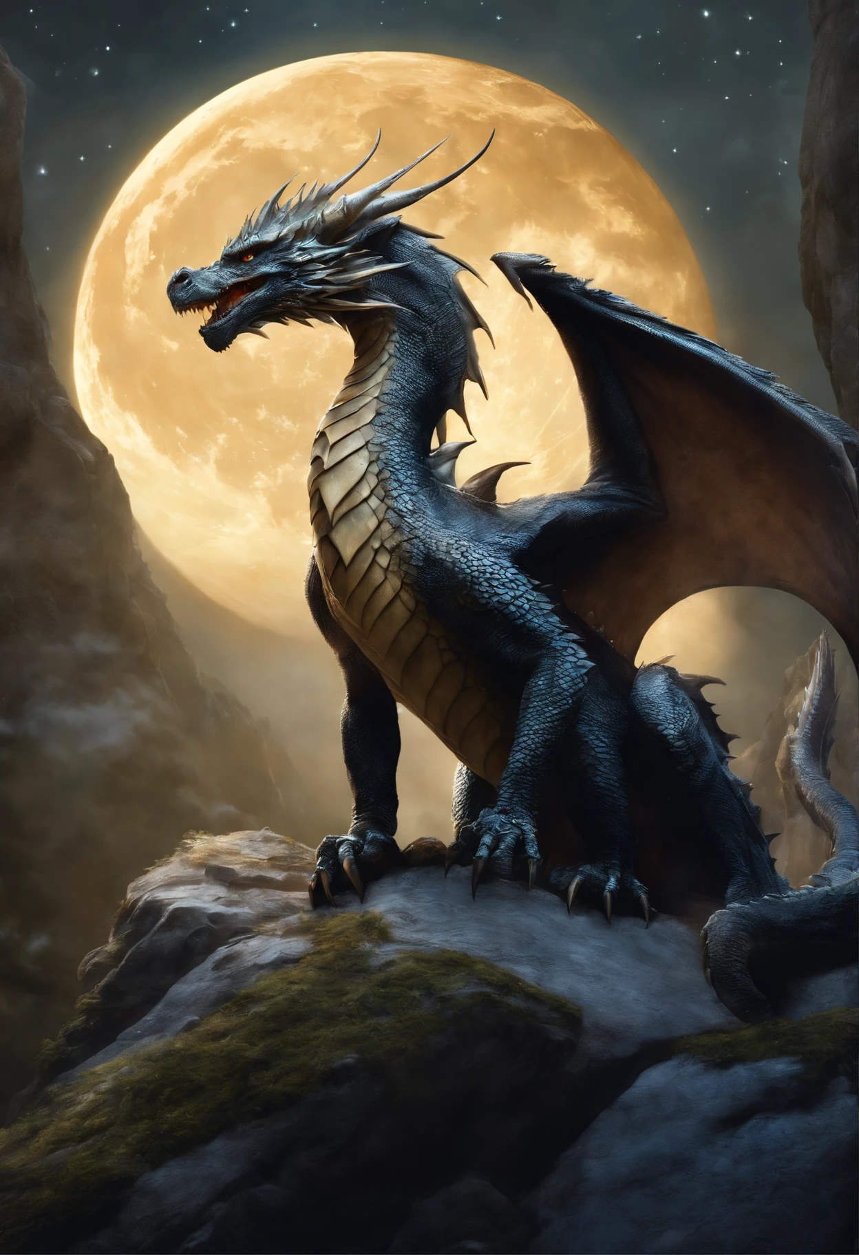 dragon sits on a stone among the snow, hold the glowing moon in your mouth, flaps its wings, Static movement, The stars are shining, realistic fantasy illustration, dragon art, D&d Commission Art Dragon, digesting a small dragon, anthro dragon art, European Dragon, Portrait of a Dragon, Tarragon Vore Art, Anthropomorphic dragon, Ultraterrestrial Dragons, fantasy book illustration,