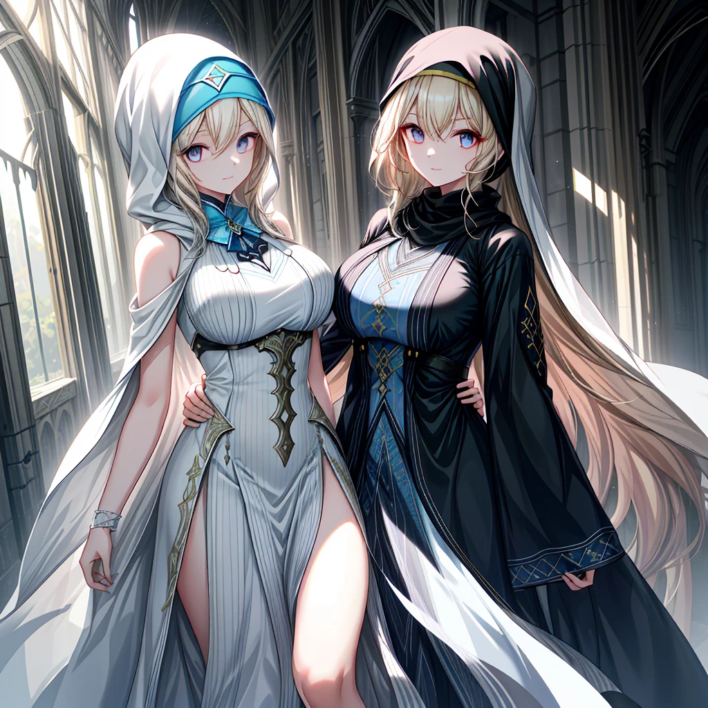 Chis，one-girl，long white-blond hair，Blue pupil，Hijab，slit sisters dress，ssmile，Beautiful skin with half-open eyes，Glowing skin，Bigchest，Moody light，and the sun was shining brightly，8K，hyper-detailing，tmasterpiece