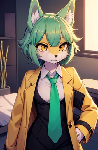 beautiful wolf girl, (small breast), apartment interior, mint green short fluffy hair, yellow eyes, ((golden scientist coat and necktie)), (((black suit shirt))) and dress pants, ((fully clothed))