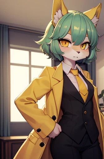 beautiful wolf girl, (small breast), apartment interior, mint green short fluffy hair, yellow eyes, ((golden scientist coat and necktie)), (((black suit shirt))) and dress pants, ((fully clothed))