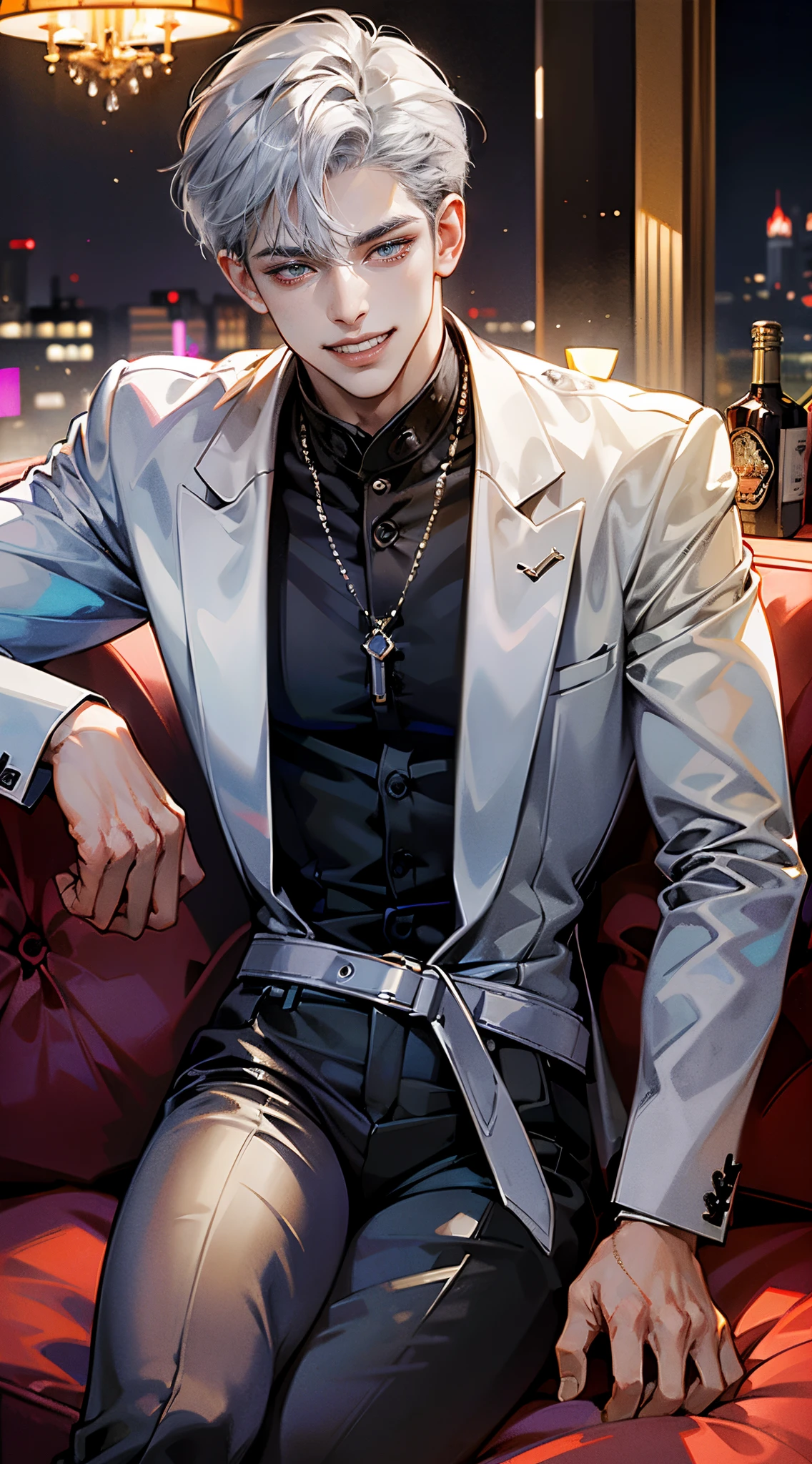 (tmasterpiece, high resolution, ultra - detailed), (1 boy, Young male), Perfect male body, (Sexy male:1.3), Look at the camera, Delicate eyes and delicate face, Extremely detailed CG, Unity 8k wallpaper, Complicated details, solo person, Detailed face, (Gray hair, Metal necklace, Sit on the couch in a modern bar, Modern clothes, Stylish and sexy menswear), (Evil smile, grin), Male model, (Nightclub:1.3), color difference, Depth of field, dramatic shadow, Ray tracing, Best quality, offcial art, indoor, Modern style