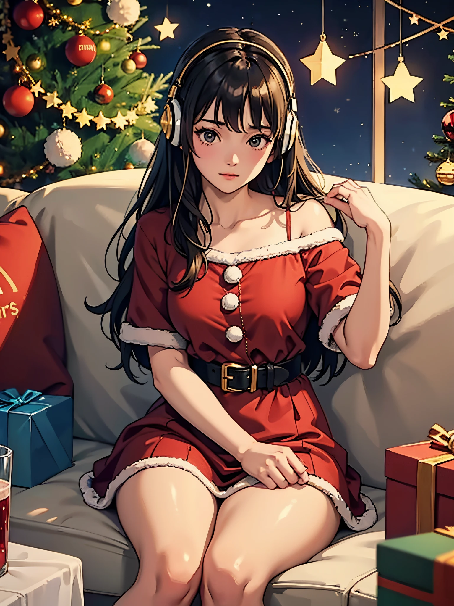 lofi brunette girl sitting on a couch with headphones on and a christmas tree in the background, trending on cgstation, cozy wallpaper, artwork in the style of guweiz, christmas night, [ 4 k digital art ]!!, lofi girl, extremely detailed artgerm, trending at cgstation, relaxing mood, nightcore, christmas vibe, cozy, christmas decorations, fireplace, night, christmas sweather