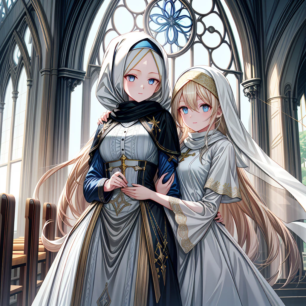 church statue，one-girl，long white-blond hair，Blue pupil，Hijab，slit sisters dress，ssmile，Beautiful skin with half-open eyes，Glowing skin，Bigchest，Moody light，and the sun was shining brightly，8K，hyper-detailing，tmasterpiece