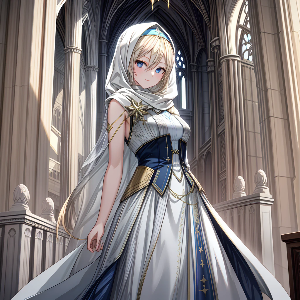 church statue,one-girl,long white-blond hair,Blue pupil,Hijab,slit sisters dress,ssmile,Beautiful skin with half-open eyes,Glowing skin,Bigchest,Moody light,and the sun was shining brightly,8K,hyper-detailing,tmasterpiece