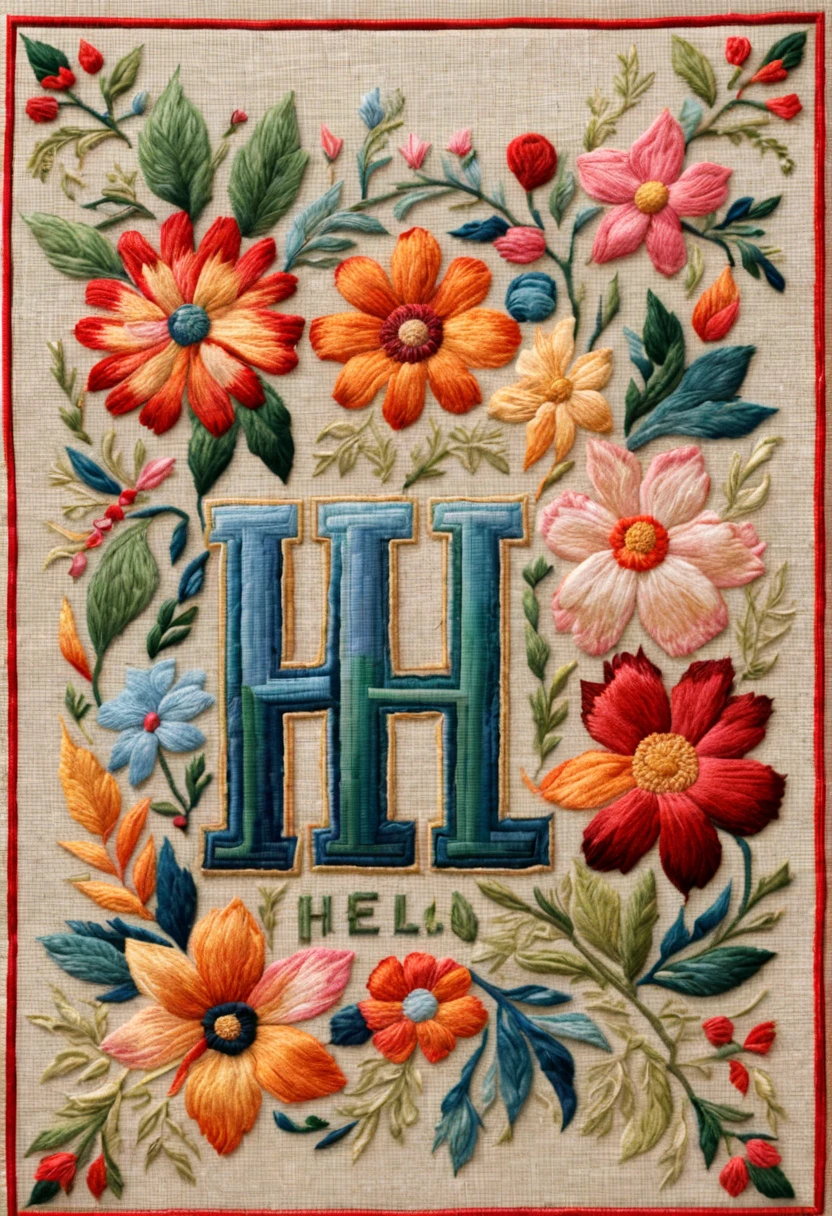 embroidery art, a man, needlepoint, (centered sign text that reads "hello"), intricate floral design with border by Mary Englebreit, detailed, 8k