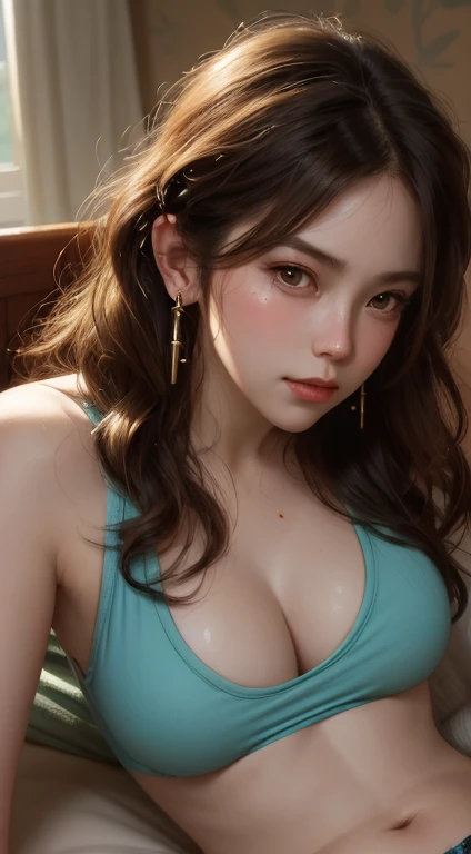SFW, uploaded on e621, by Pixelsketcher, by Bayard Wu, by Thomas Benjamin Kennington , by Einshelm, solo anthro, ((face portrait)), BREAK, ((on bed, laying down)), ((wearing sweaty tanktops, showing belly button)), ((wavy hair, large ear rings)),(detailed Bonifasko lighting), (detailed skin), (detailed deep ebony skin), (dark skin, ebony, deep ebony), (ebony neck), (her own hands holding her own legs), revealing half-breast, BREAK, ((facing viewer)), (cinematic lighting), ((detailed background)), ((face portrait view)), (((portrait view))), (half body shadow), [backlighting], [crepuscular ray], [detailed ambient light], [gray natural lighting], [ambient light], (higher wildlife feral detail), [explict content], [sharp focus], (questionable content), (shaded), ((masterpiece), her own hands holding her own legs, big breasts, [mouth open] breasts, African girl, African face, African Art, African Art, Commission for High Res, African Art, Art,Sakimichan beautiful, masterpiece, medium breasts, best quality, detailed image, bright colors, detailed face, perfect lighting, perfect shadows, perfect eyes, girl focus, eyes, flawless face, big breasts, face focus, (wavy hair, large ear rings)) African, African girl, dark skin, deep ebony woman, ebony nose, mouth, gaze at the viewer, eyes, 1girl, solo, (masterpiece), (best quality), (illustration), (cinematic lighting), detailed dark skin, balanced coloring, global illumination, ray tracing, good lighting, deep ebony, African, showing breasts, cleavage, looking at viewer, seductive look, SFW