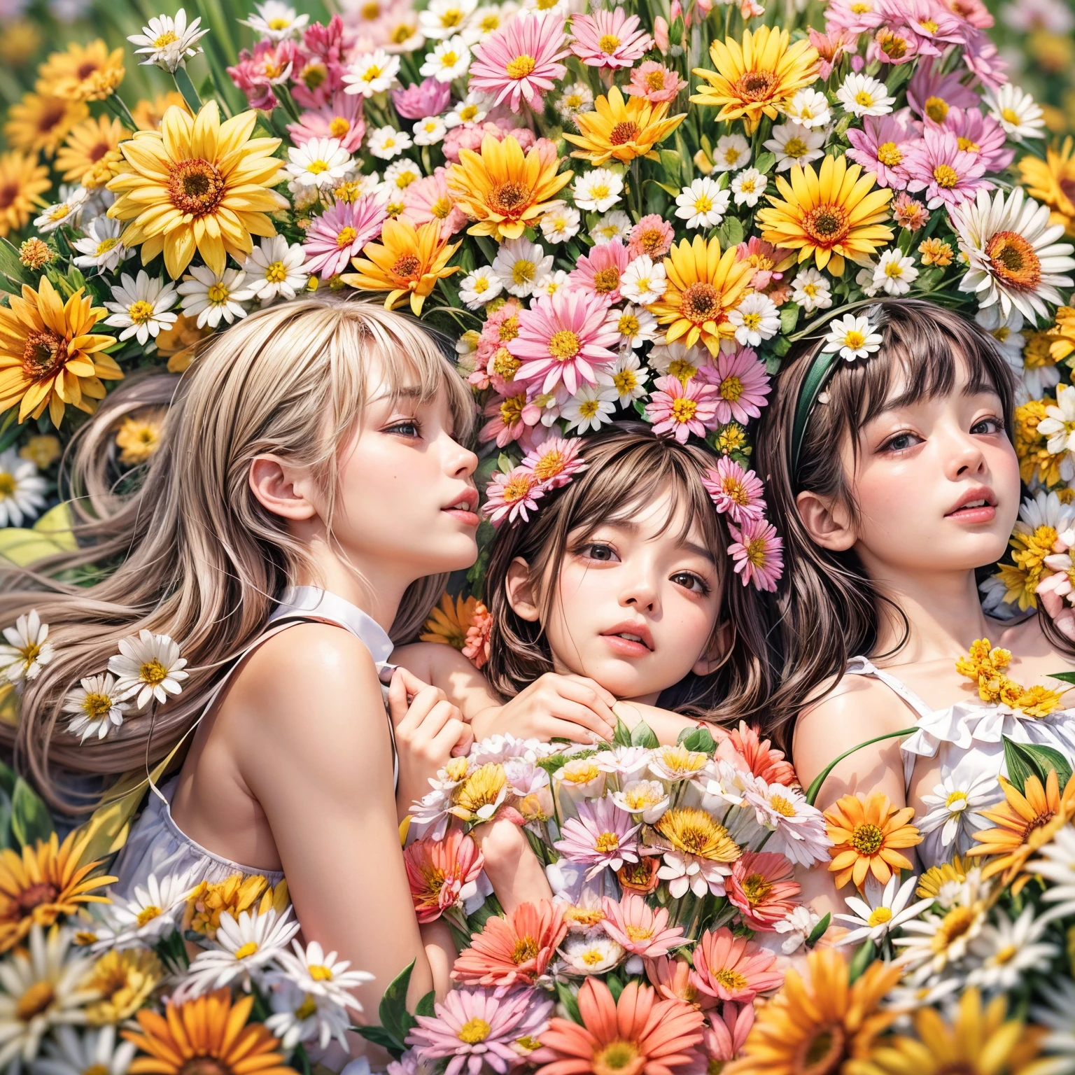 (((4 KAWAII girls laying in a colorful flower space, full of flowers))), ((SFW)), (Acutance), (Exposed:1.2), (Nipple:-0.9), (Face variations), { Sailor collar Uniform | Delicate white lace knitted wear | Delicate bikini made of flowers }, { Swaguchi Aika | Navel | pretty Ass | Overflowing sideboob | laying back }, { laughing | evil smile | :D }, ( oiled glistening skin), (fullbody:1.2), various color hair, {short bob|bung hair|low twin tail hair}, various boobs including flat chest, dynamic angle,  {White| Red | gold | vivid colors }, (best quality), (masterpiece:1.2), extremely detailed, (RAW Photograph:1.37), an extremely delicate and beautiful, (( covering whole body with (many many flowers:1.37))), ( no extra limbs ) .