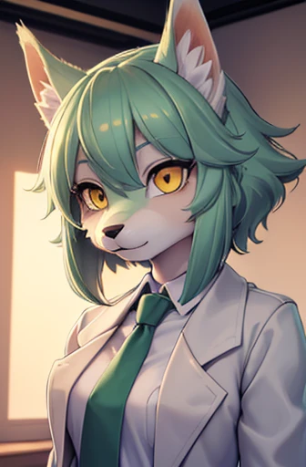 (best quality, highres, ultra-detailed), realistic, professional, portraits, beautiful wolf girl, small breast, apartment interior, mint green short fluffy hair, yellow eyes, golden scientist coat, necktie, black suit shirt, dress pants, fully clothed, vivid colors, studio lighting