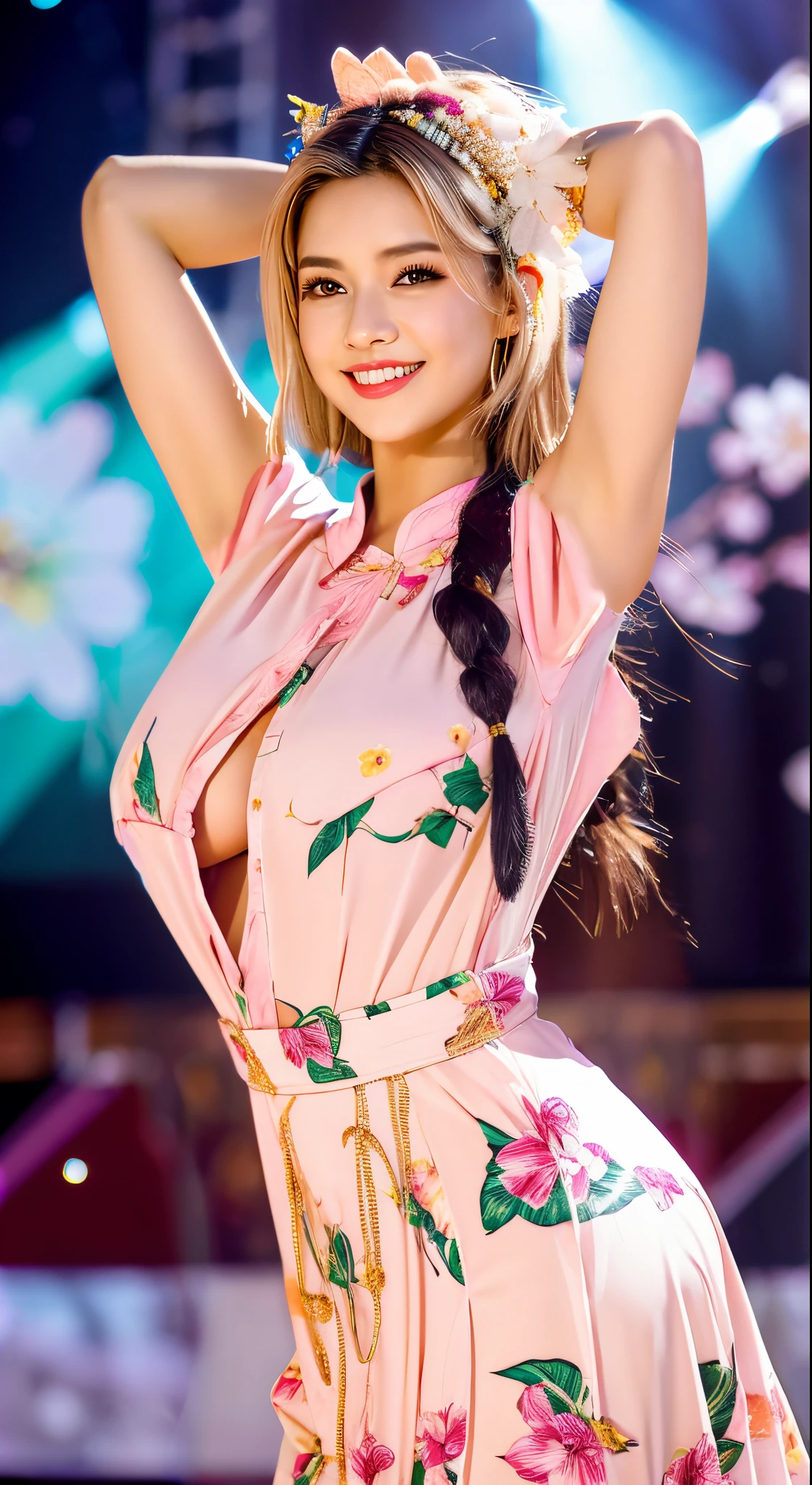 exotic tropical pattern pink-based Ao Dai, long sleeves, big breasts