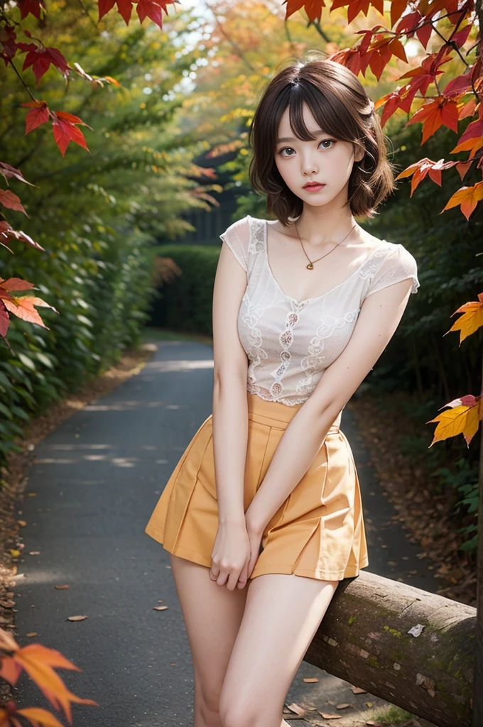 8K分辨率, Ultra HD CG images, autumn leaves at night🍁, rays of moonlight, long-focus, 1 girl in, 20yr old, Detail of beautiful faceang braids, bronze:1.4), (stop hair loss:1.4), (Autumn pairingini-skirts, boot, change color, Pointed chest, Beautiful lines, pendant, Delicate and beautiful eyes, bright red autumn leaves, maple tunnel, depth of fields, hoang lap, 24K graphic arts, Well-drawn background, There is a deep composition,