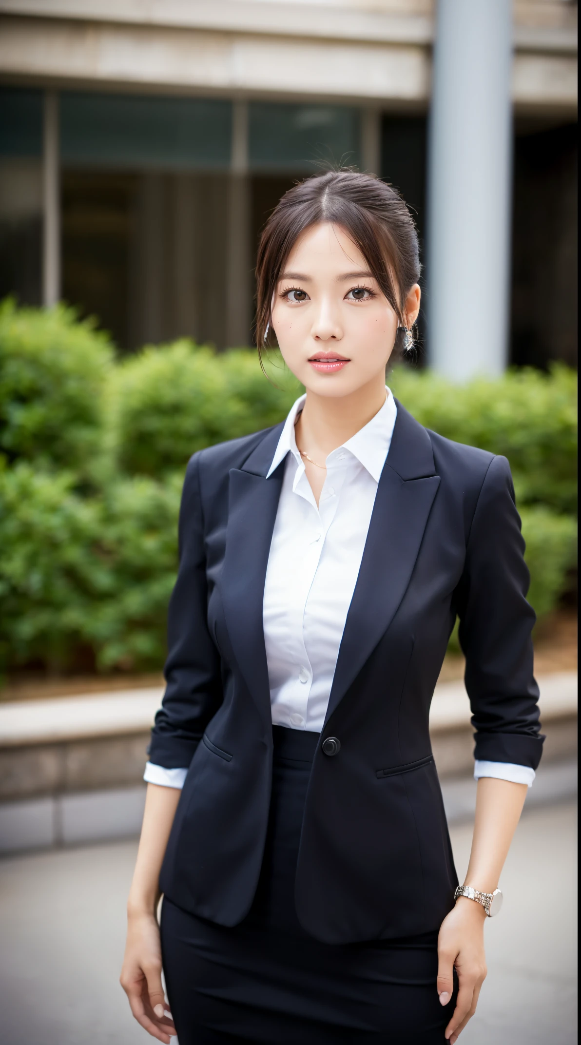 (masutepiece,High quality:1.3),(depth of fields:1.3) ,((front body:1.35)),  Japanese ,beautiful woman,Chignon,Black business suit,collared shirt, business skirt,Huge breasts,(Looking at Viewer:1.3),(Full body:1.1),