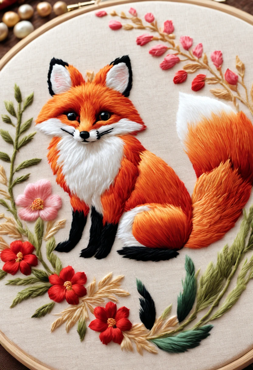 Needlepoint page, embroidery art, embroidery texture, cute fox, chinese style, embroidery_on_photo, intricate