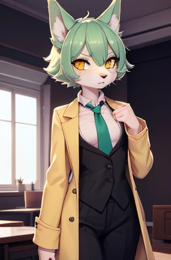 (best quality,highres),ultra-detailed
#wolf girl, apartment interior, mint green short fluffy hair, yellow eyes, golden scientist coat, necktie, black suit shirt, dress pants, fully clothed, small breast

The prompt for Stable Diffusion ieautiful wolf girl, apartment interior, mint green short fluffy hair, yellow eyes, golden scientist coat, necktie, black suit shirt, dress pants, fully clothed, small breast