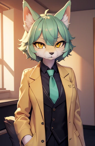 (best quality, highres, ultra-detailed), professional, portraits, beautiful wolf girl, small breast, apartment interior, mint green short fluffy hair, yellow eyes, golden scientist coat, necktie, black suit shirt, dress pants, fully clothed, vivid colors, studio lighting