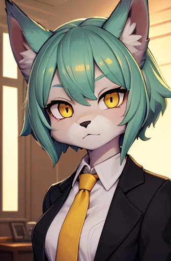 (best quality, highres, ultra-detailed), professional, portraits, beautiful wolf girl, small breast, apartment interior, mint green short fluffy hair, yellow eyes, golden scientist coat, necktie, black suit shirt, dress pants, fully clothed, vivid colors, studio lighting
