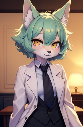 (best quality, highres, ultra-detailed), professional, portraits, beautiful wolf girl, small breast, apartment interior, mint green short fluffy hair, yellow eyes, golden scientist coat, necktie, black suit shirt, dress pants, fully clothed, vivid colors, studio lighting