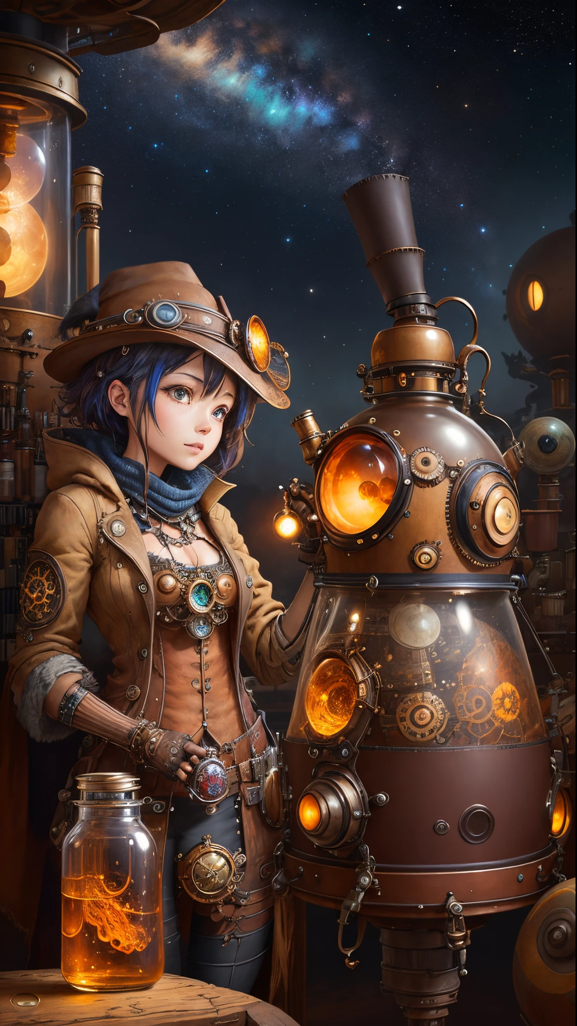 steampunkai。masutepiece。top-quality。ren。One lady。observing galaxies in a flask。The background is a cluttered laboratory.。