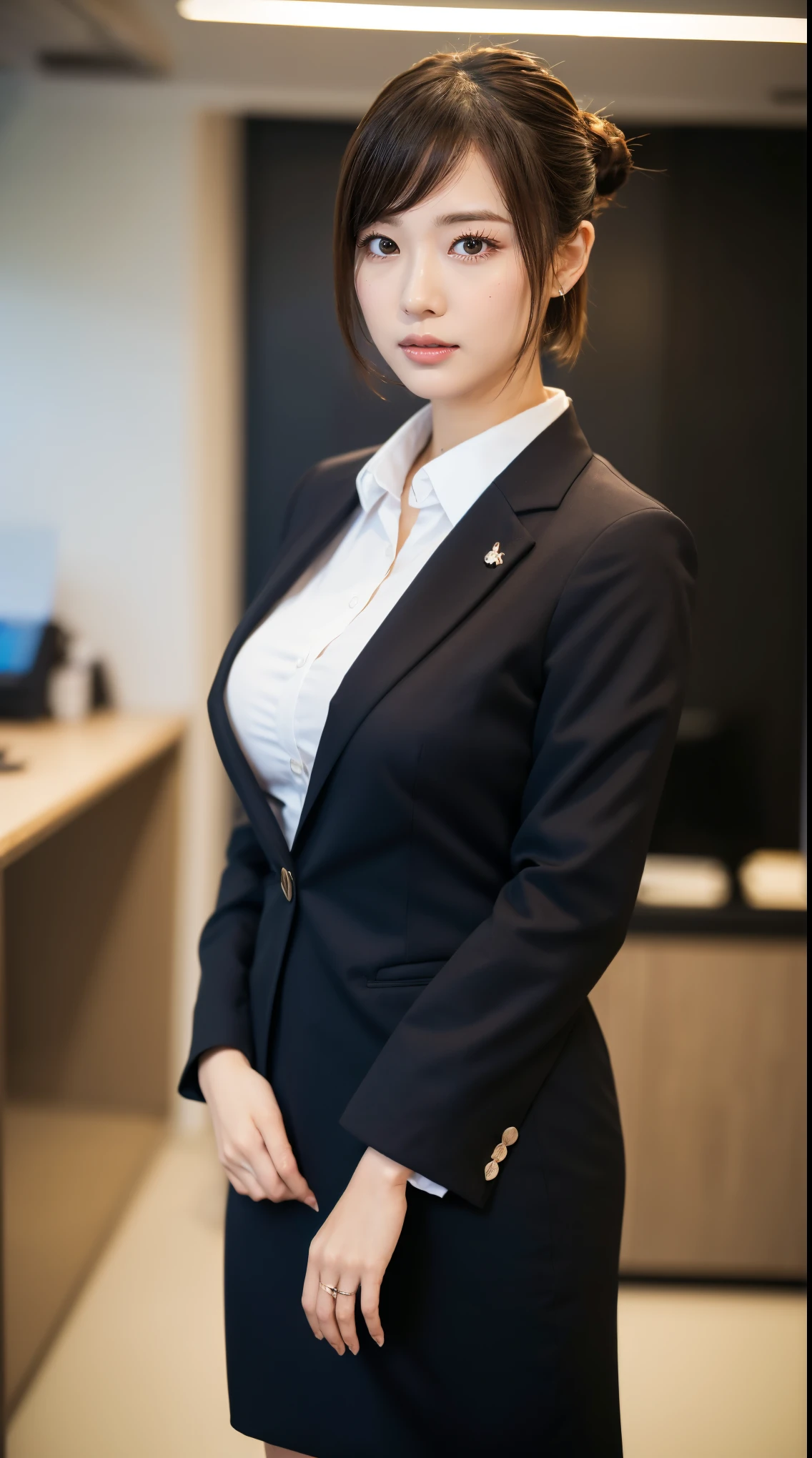 (masutepiece,High quality:1.3),(depth of fields:1.3) ,((front body:1.35)),  Japanese ,beautiful woman,Chignon,Black business suit,collared shirt, business skirt,Huge breasts,(Looking at Viewer:1.3),(Full body:1.1),office