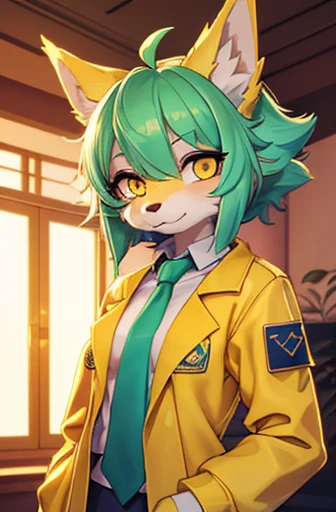A beautiful small breasted wolf girl with vibrant colours stands in an apartment interior. She has mint green short ((scruffy hair)) and glowing yellow eyes. She is wearing a ((golden scientist jacket with a gold necktie)). The overall atmosphere is filled with vibrant colours and a sense of elegance.