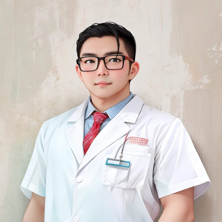 Wearing white doctor coat、Doctor male wearing tie standing in front of white wall, styled
