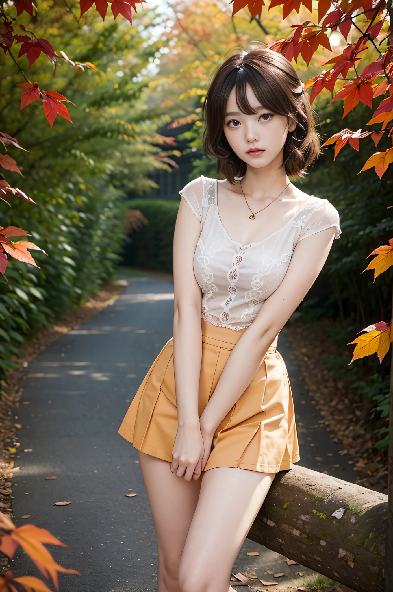 8K分辨率, Ultra HD CG images, autumn leaves at night🍁, rays of moonlight, long-focus, 1 girl in, 20yr old, Detail of beautiful faceang braids, bronze:1.4), (Stop hair loss:1.4), (Autumn matching kini skirt, startup, Change colors, Pointed chest, Beautiful lines, duration, Eyes are delicate and beautiful, bright red autumn leaves, maple tunnel, depth of fields, Huang Li, 24K graphic arts, Well-drawn background, Have a deep composition,