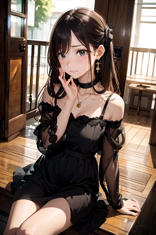 Best Quality, masutepiece, 超A high resolution,(empty vault)、woman sitting and crying、Troubled face、raise your hands and mourn