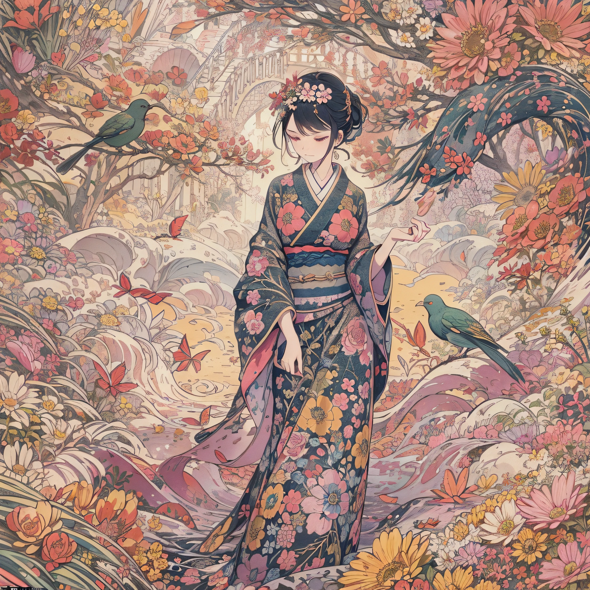 base layer: Tapestries woven with traditional patterns and motifs, Probably oriental、Or especially reminiscent of Japanese aesthetics., Items with intricate designs such as floral patterns, Fans, Waves that create a vivid and dense background, BREAK middle layer: Characters wearing elaborate costumes, such as kimono, Has a complex pattern that matches and complements the background. The character is、Must be decorated with accessories that reflect the theme elements of the setting, Create a visual connection between the character and the surroundings, BREAK foreground layer: Dynamic elements that connect the background and characters, Like petals and leaves blowing in the breeze, birds, or other moving motifs, Add life and movement to your scene, BREAK effect layer: Despite the abundance of detail、, Through the use of strategic lighting and subtle vignettes that guide the eye、Character remains the focus. The character may have a calm and attractive look, make direct contact with your audience, BREAK Final touches: The overall atmosphere will be one of elegance and celebration, A sense of depth created by overlapping patterns and textures. add depth to images、to highlight intricate details of both characters and backgrounds、May use light and shadow subtly。.