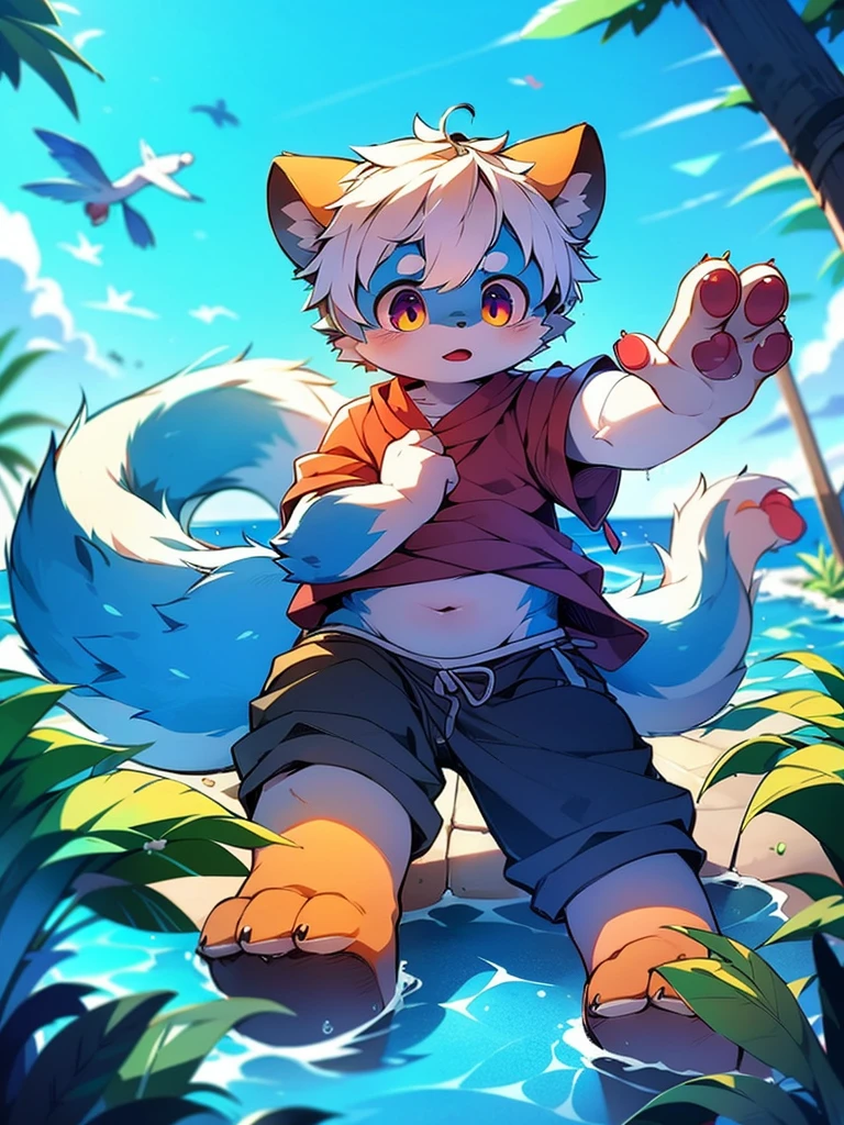 off and on，tmasterpiece，A high resolution，8K，detailedbackground，high high quality，off and on，off and on，（light blue furs，White hair，Black sclera，furry pelt，Delicate fur）） shaggy， Broken， musculous， Libido boy， human - shaped， shorter pants， swim trunks， Abyss,((At the bottom of the sea， beachside， playing water， swimmning， dive，afloat))， 独奏