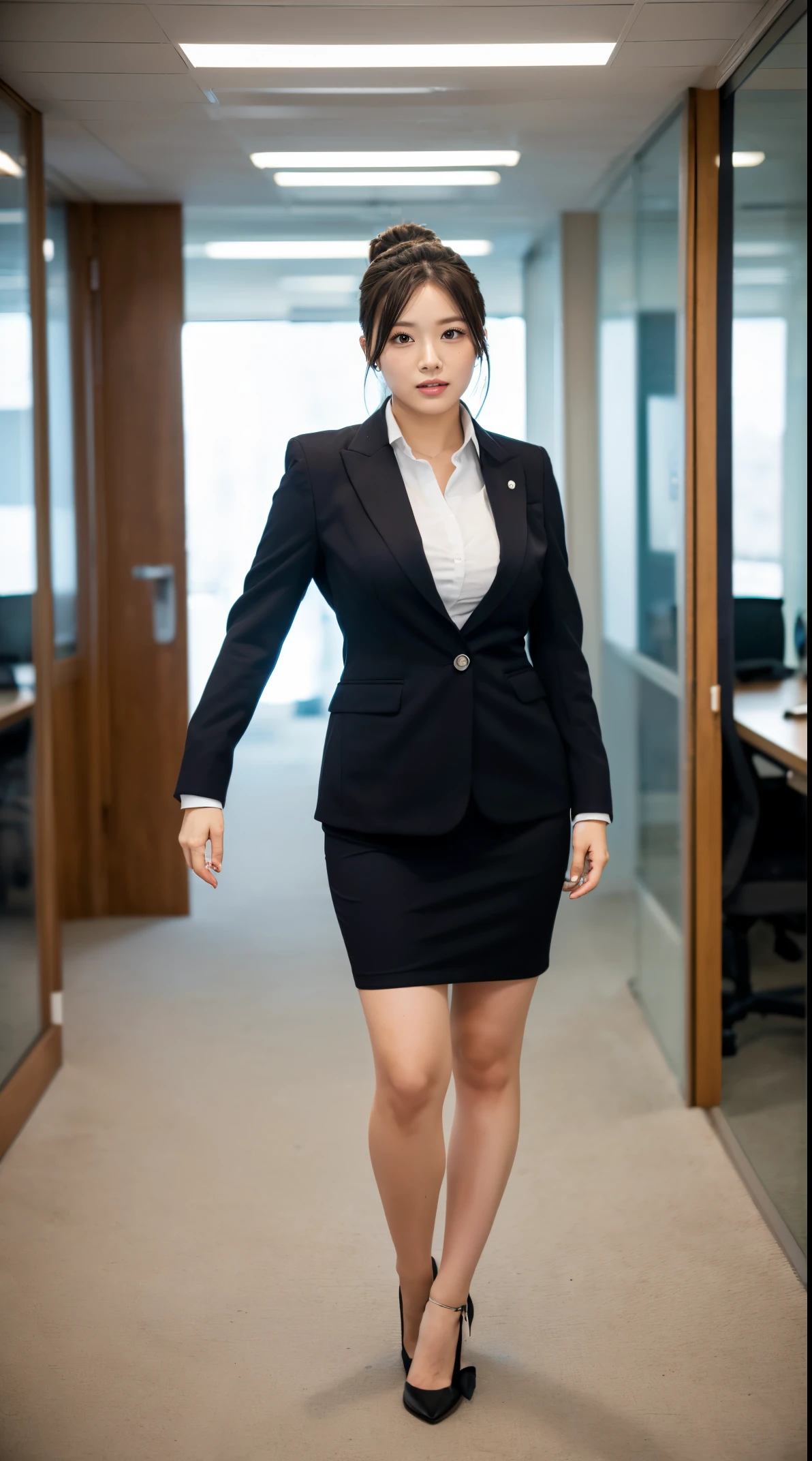 (masutepiece,High quality:1.3),(depth of fields:1.3) ,((front body:1.35)), Japanese ,beautiful woman,Chignon,Black business suit,collared shirt, business skirt,Huge breasts,(Looking at Viewer:1.3),(Full body:1.1),office