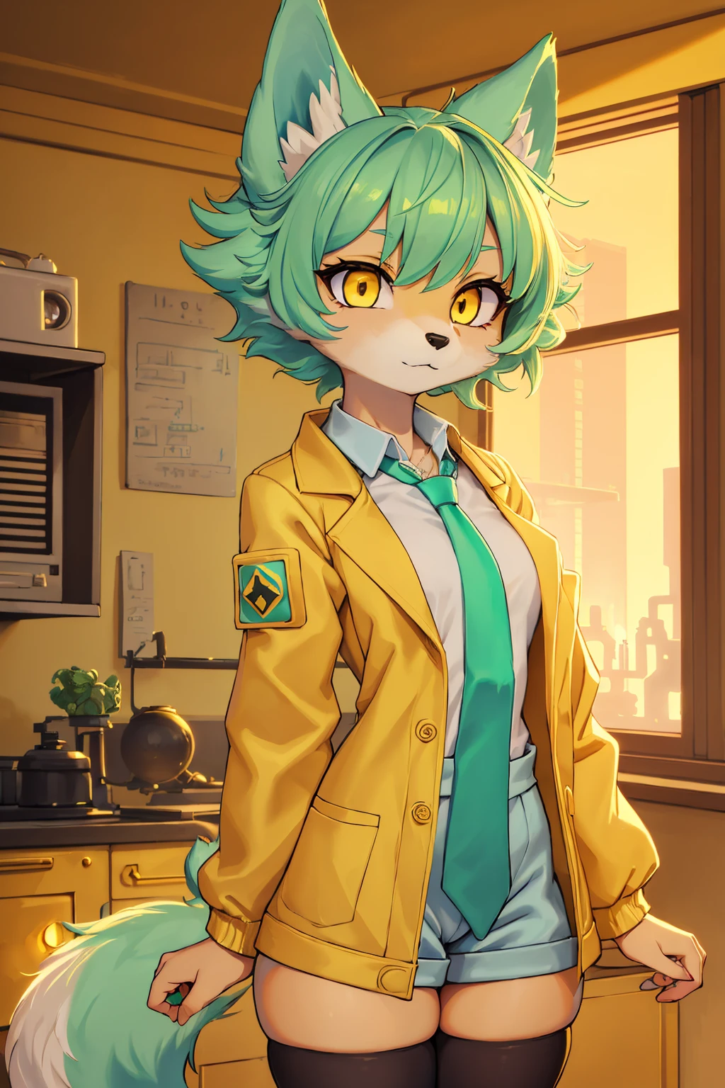 A beautiful small breasted wolf girl with vibrant colours stands in an apartment interior. She has mint green short ((scruffy hair)) and glowing yellow eyes. She is wearing a ((golden scientist jacket with a gold necktie)). The overall atmosphere is filled with vibrant colours and a sense of elegance.