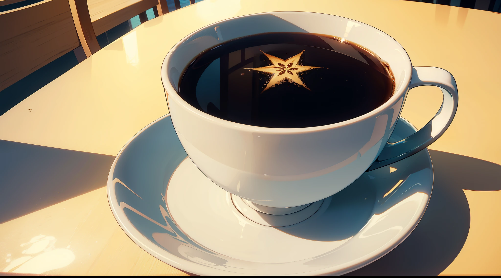 A photo of a cup of coffee, 4k, QG, super detalhado bonito, cartoon