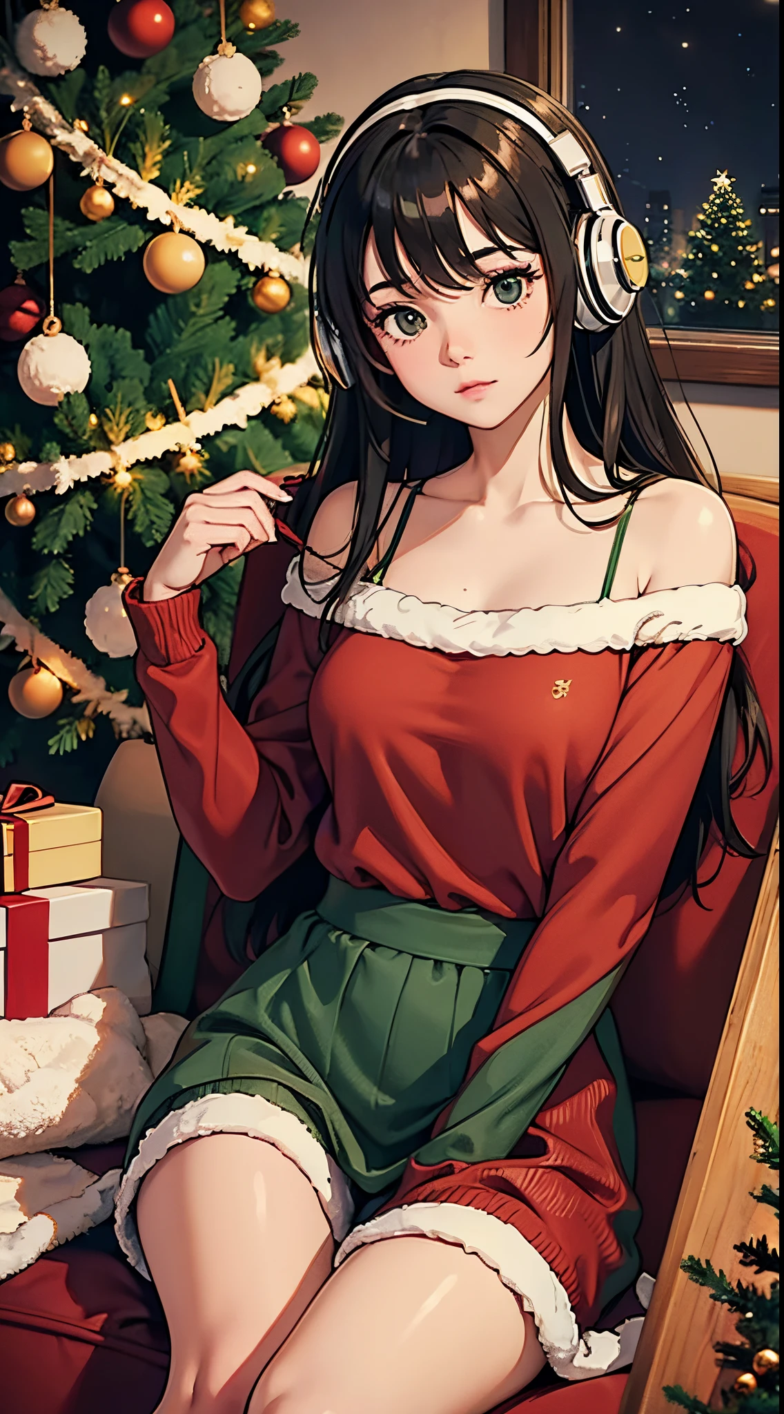 lofi brunette girl sitting on a couch with headphones on and a christmas tree in the background, trending on cgstation, cozy wallpaper, artwork in the style of guweiz, christmas night, [ 4 k digital art ]!!, lofi girl, extremely detailed artgerm, trending at cgstation, relaxing mood, nightcore, christmas vibe, cozy, christmas decorations, fireplace, night, christmas green sweather