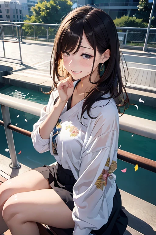 Best Quality, masutepiece, 超A high resolution,(pedestrian bridge)、woman sitting and crying、Confetti flutters