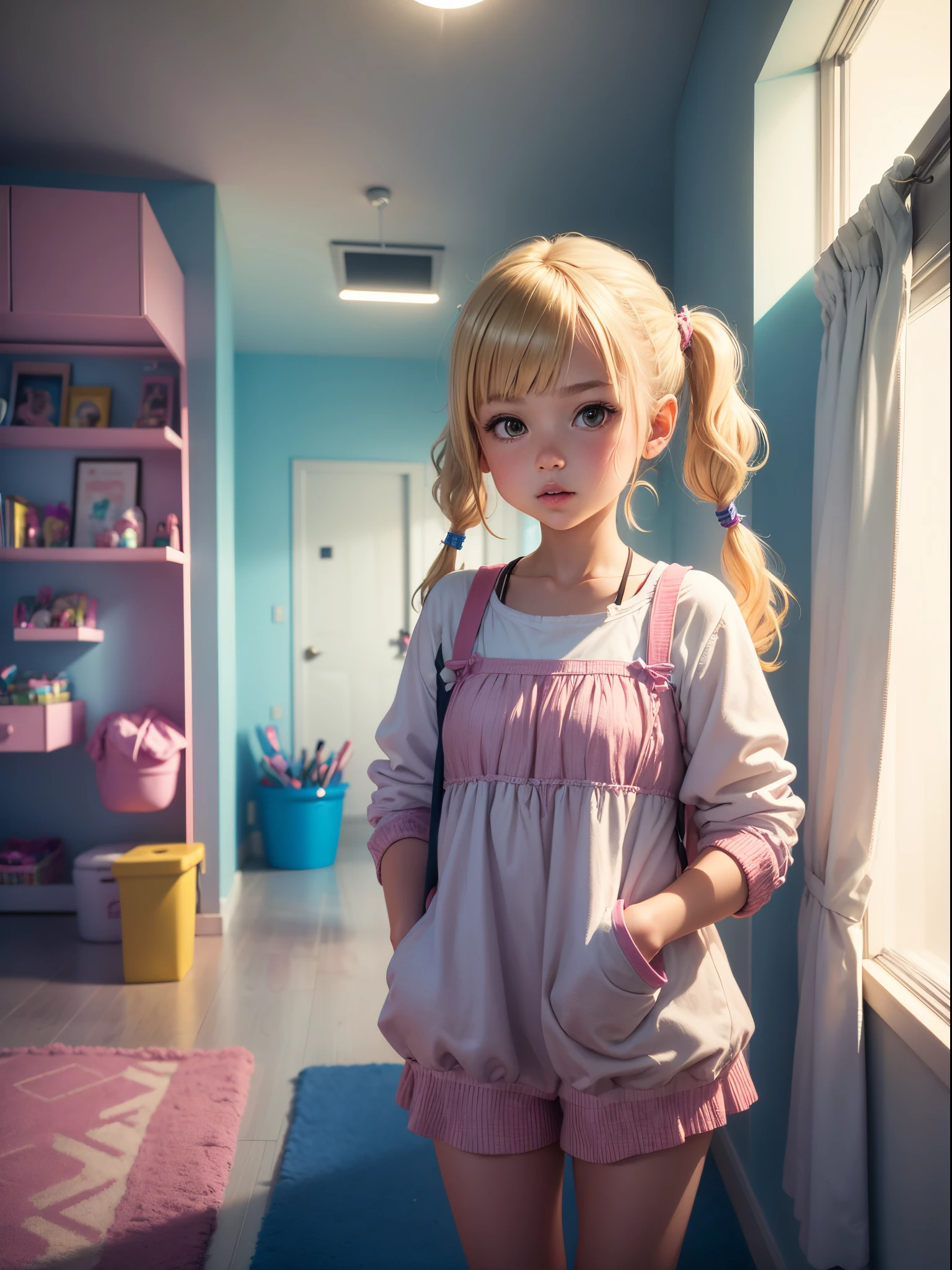 1 girl in, Blonde, short pigtails hair, Have a lollipop, colorful room, Children's room, Bright, of the highest quality, 8K
