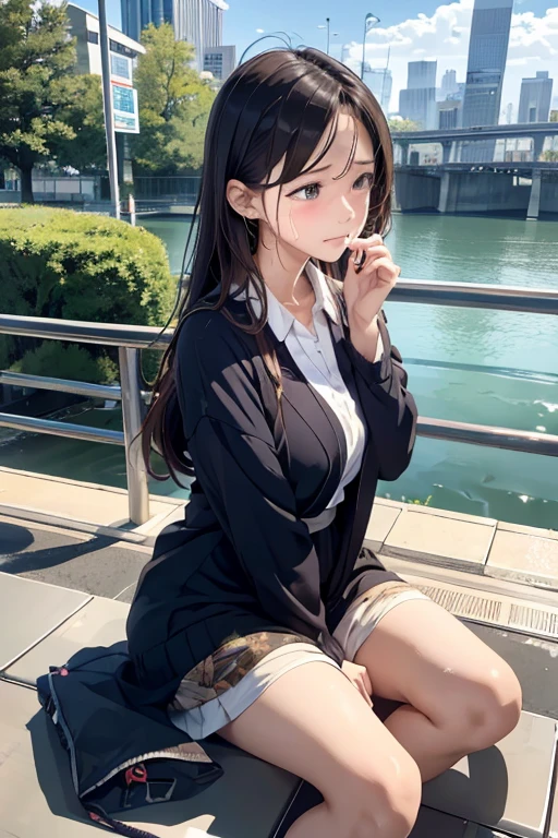 Best Quality, masutepiece, 超A high resolution,(pedestrian bridge)、woman sitting and crying、Banknotes flutter、Coins are raining down