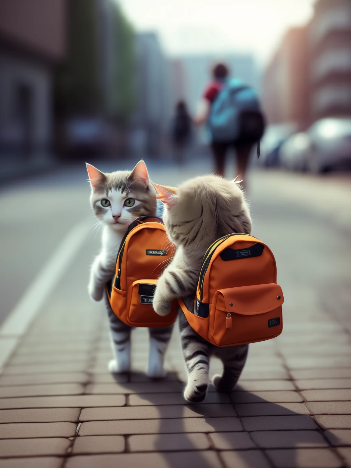 there are two cats walking down the street carrying backpacks, cute cats, cute kittens, cute and adorable, with a backpack, backpack, the cat is walking, cute:2, walking together, a backpack, walking to work, two cats, lovely and cute, adorably cute, proudly walking down the street, adorable and cute, aww, cute 3 d render