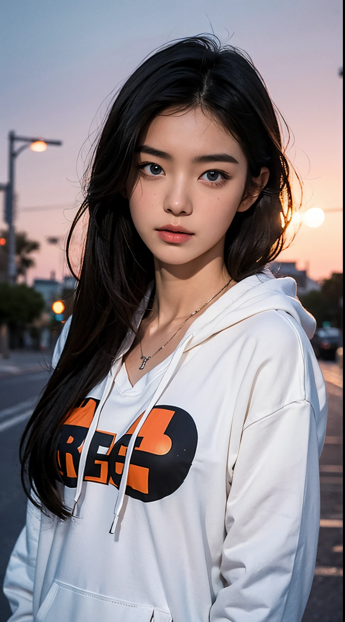 (realisticlying, tmasterpiece, 8K high-definition, Good lighting quality, sportrait, close on face, Complicated details), a beautiful young korean girl, 15year old, cute big breasts, Longing gaze, 详细的脸, 詳細な目, Look at the sky, Wearing a hoodie over a shirt, pendant, eBlue eyes, (pale-skinned), Slim figure, brunette color hair, slick hair, Hair bangs, Hair is longer, Outdoor activities, evening, the sunset, dreamworld, hyper realisitc, Ethereal