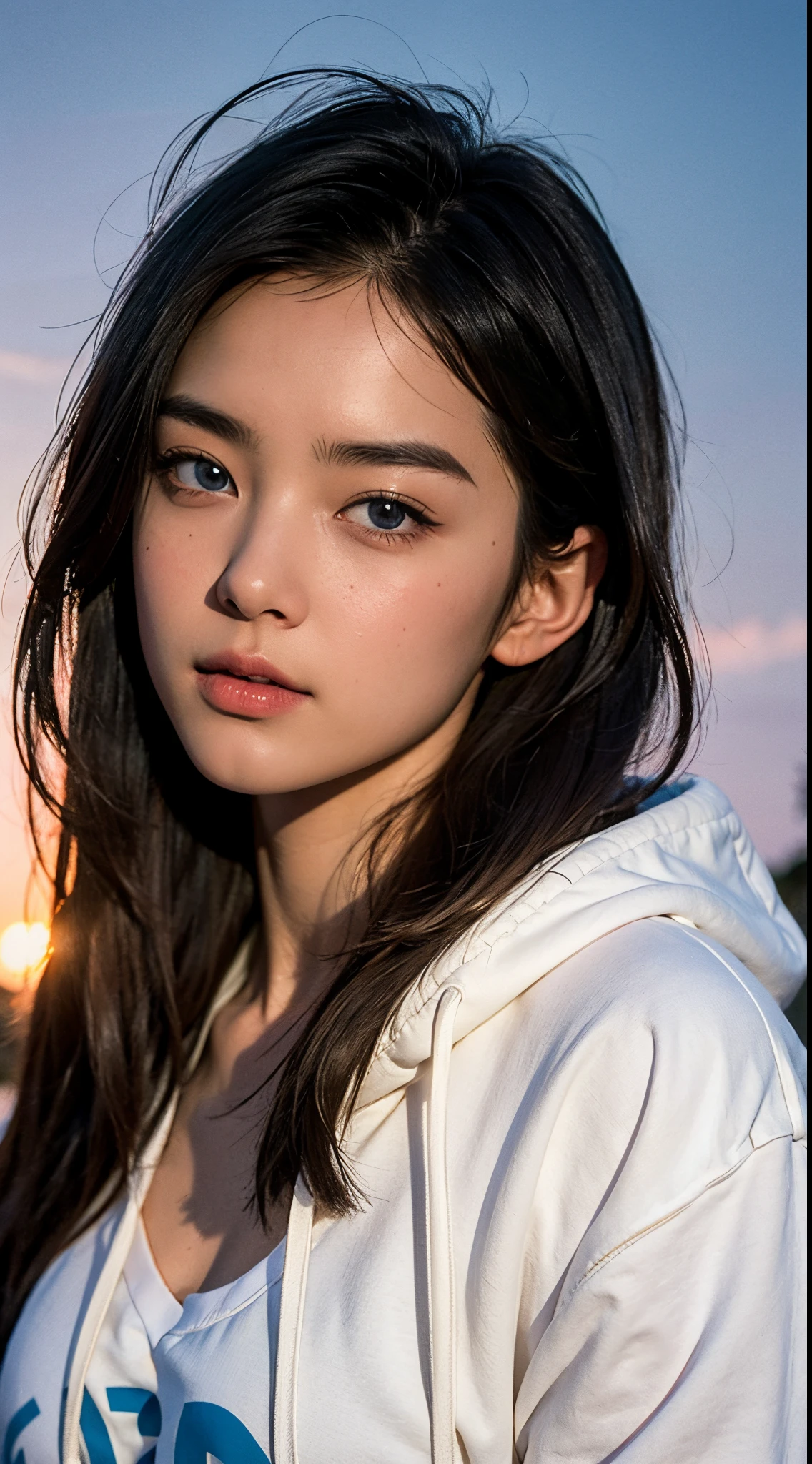 (realisticlying, tmasterpiece, 8K high-definition, Good lighting quality, sportrait, close on face, Complicated details), a beautiful young korean girl, 15year old, cute big breasts, Longing gaze, 详细的脸, 詳細な目, Look at the sky, Wearing a hoodie over a shirt, pendant, eBlue eyes, (pale-skinned), Slim figure, brunette color hair, slick hair, Hair bangs, Hair is longer, Outdoor activities, evening, the sunset, dreamworld, hyper realisitc, Ethereal