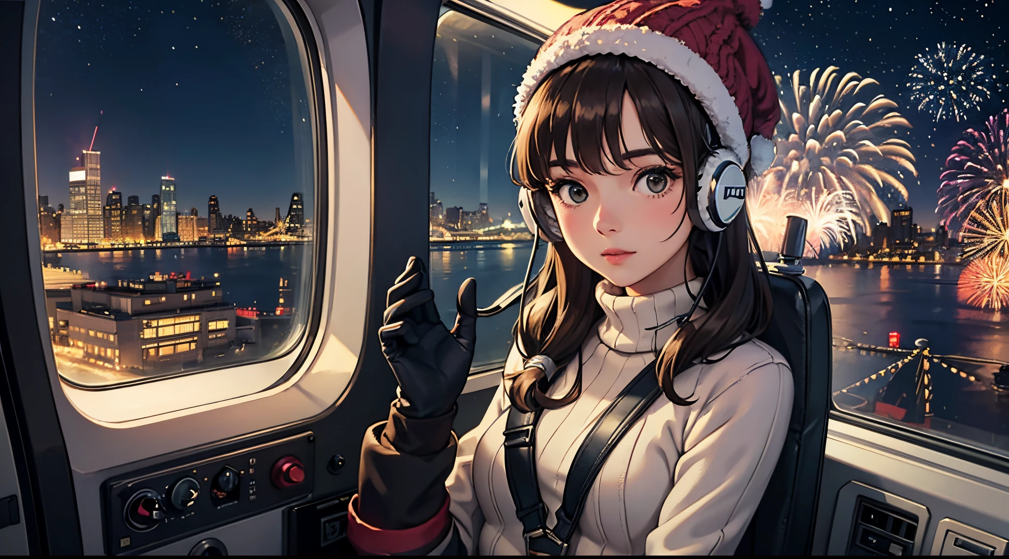 lofi relaxed one brunette girl with headphones flies in helicopter, looks through window, head glued to window. winter night. beautiful landscape of New York with (fireworks) in night sky.. travel. tourist. sweater, gloves, winter hat. long hair. new year eve