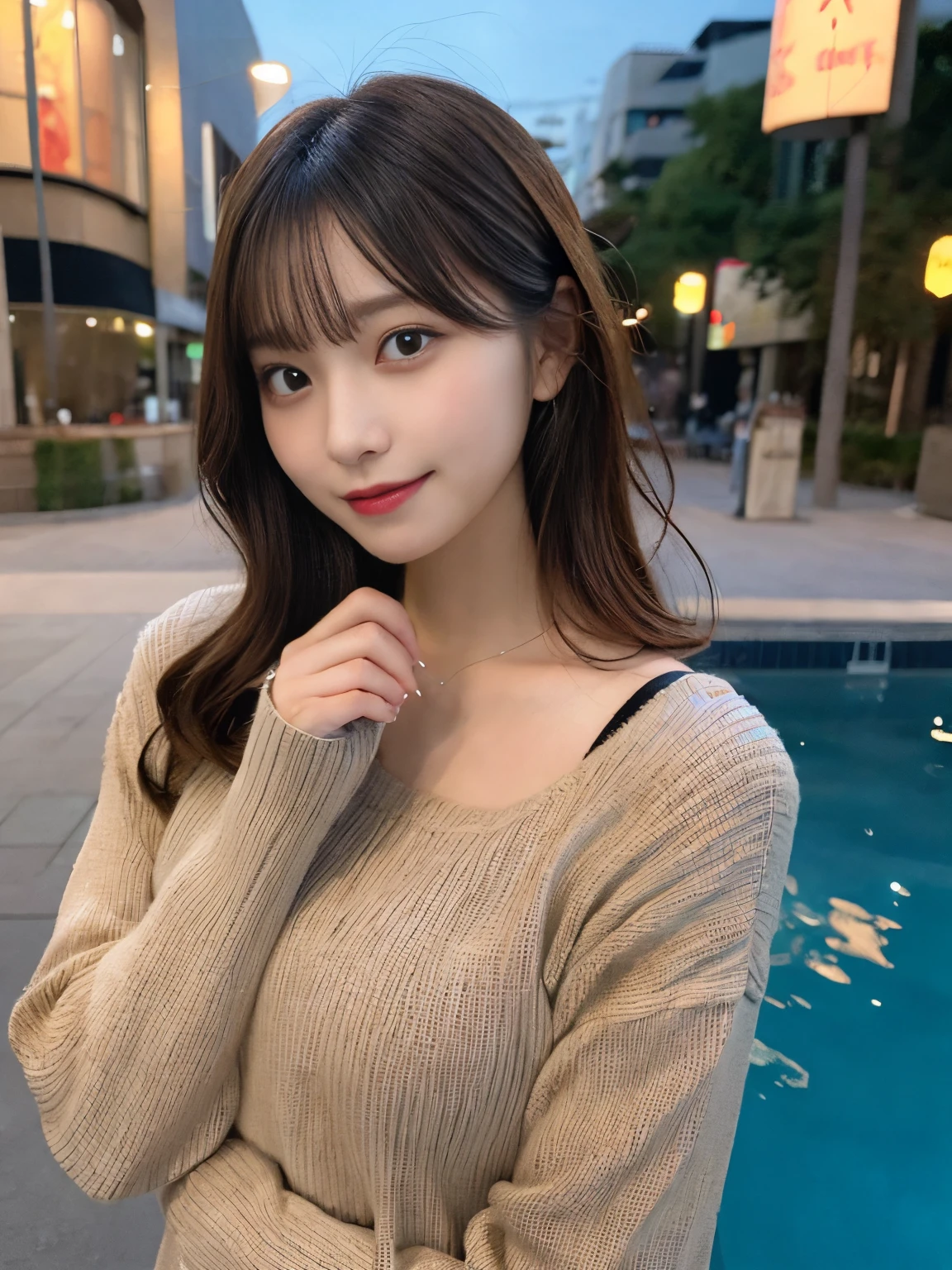 masutepiece, Best Quality, Illustration, Ultra-detailed, finely detail, hight resolution, 8K Wallpaper, Perfect dynamic composition, Beautiful detailed eyes, she is wearing khaki long sleeve knit,Medium Hair,Natural Color Lip, Bold sexy poses,Smile,Harajuku、20 years girl、Cute、Sexy shot looking at camera、C Cup、Brown hair、cacique#39;s face、Blurry night pool background