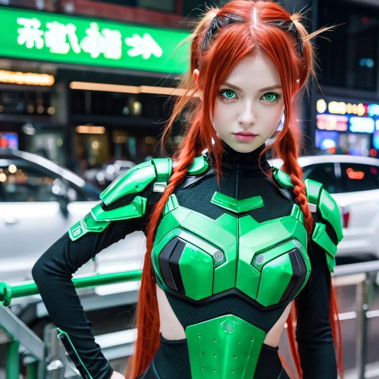 full bodyesbian、poneyTail、Young Redhead、cyberpunked、Mechanical suit、Green eyes