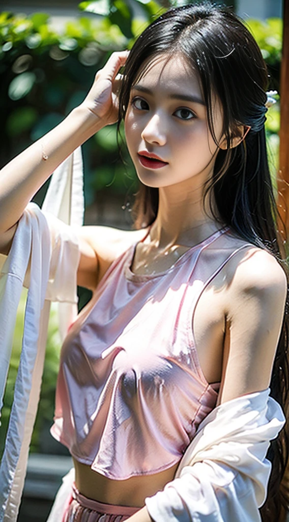 best qualtiy,resolution,unity 8k wallpaper,(illustration:1),perfect lighting,photo_\(medium\),photorealistic,realistic, finely detail,extremely detailed, Upper Body,Refined face,a cute 12 year old asian ,Slim body,Smaller bust,White transparent Hanfu,greasy(4:1),Sweat Wet(7:1),grimy(10:1), wet breasts, wet body,white cloths, see-through hanfu,wet and transparent Chinese traditional hanfu, wet and transparent white colour Hanfu ( black colour bra inside the cloth)
