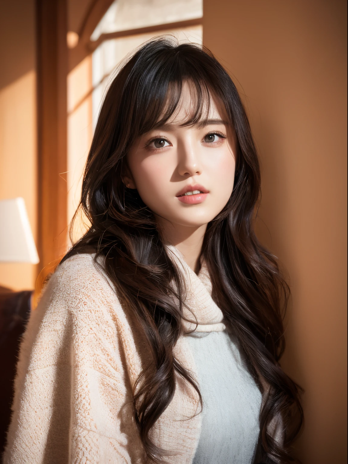 Design, interior, masterpiece of interior design, Best Quality, (Extremely detailed RAW photo:1.2), 8K rendering in octane, Volumetric lighting, Volumetric shadow portrait of a woman, (Passionate look), Wear winter clothes , Body cover