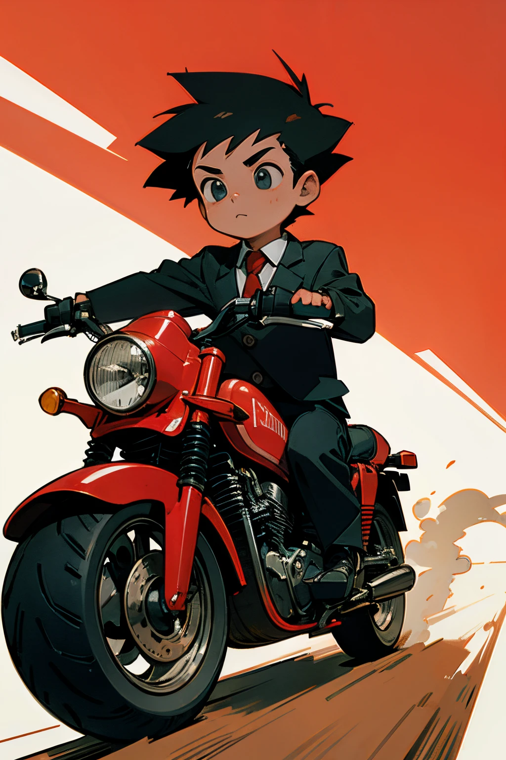 little boy pioneer in a red tie on an iron motorcycle